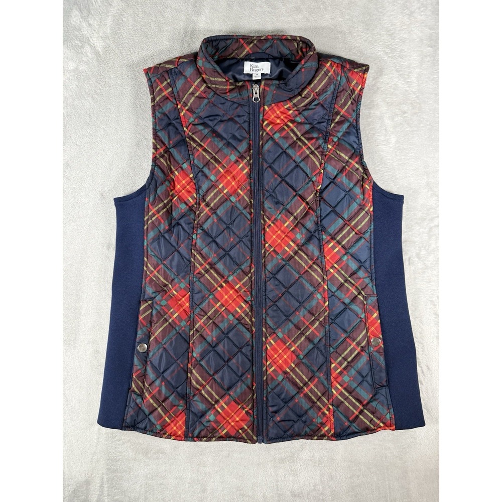 Kim Rogers Vest Women's Medium Blue Red Green Plaid Quilted Holiday Christmas